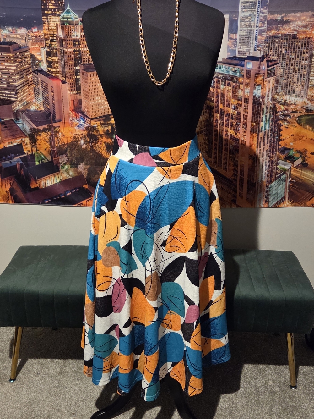 Women's Teal & Orange Printed A-Line Skirt